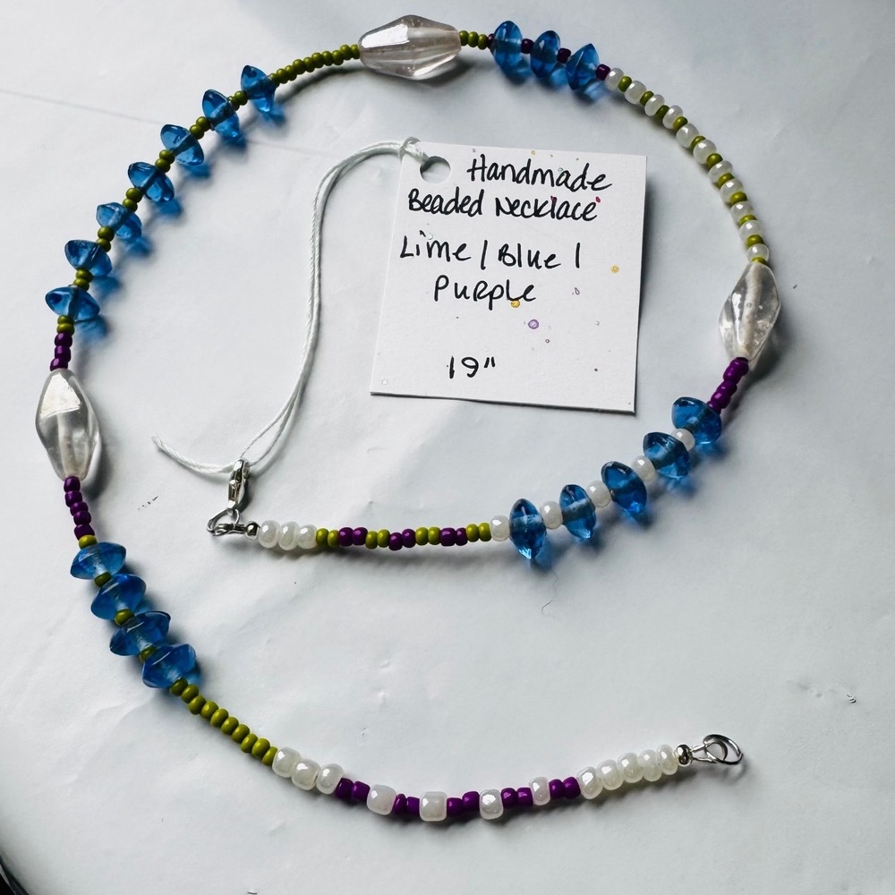 Handmade Beaded Necklace Unisex 19" Blue Lime Purple Glass Seed Bead